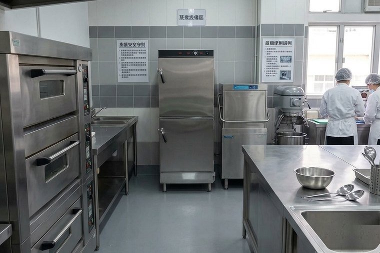 SW-12042 大型雙門毛巾蒸氣箱置於團膳廚房情境